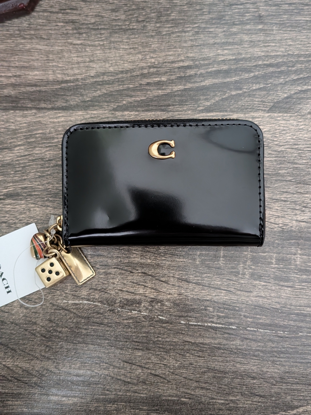 Coach Black Patent Leather Zip Card Case with Charm